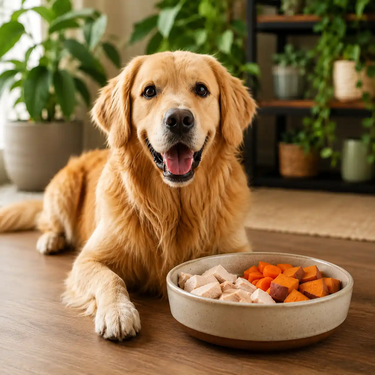 Happy golden retriever beside a bowl of fresh homemade food