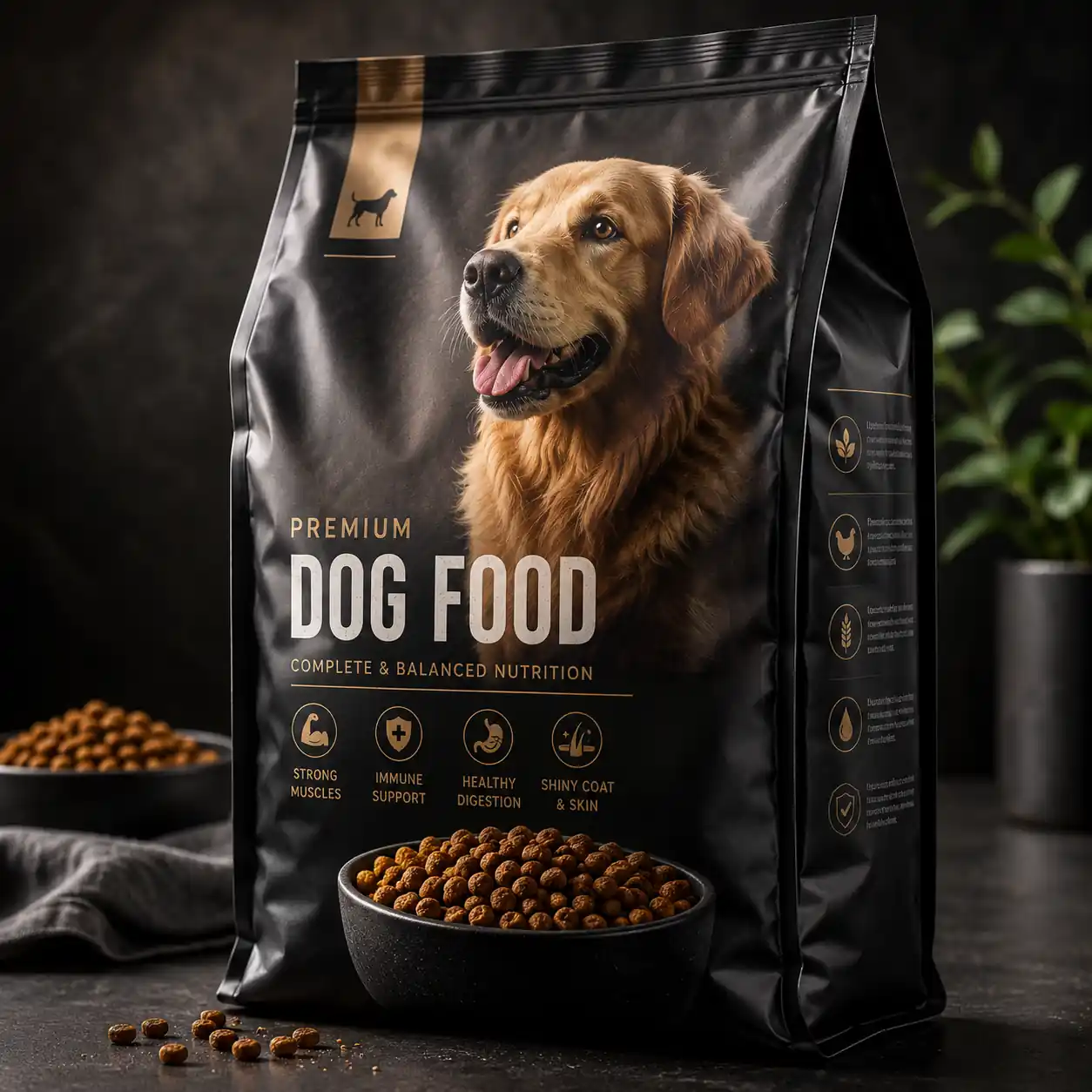 Commercial dog food bag with ingredient label