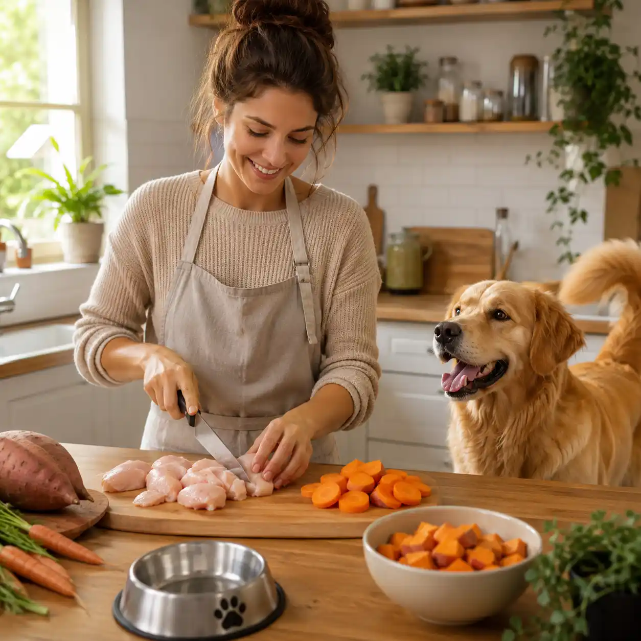Woman preparing fresh homemade dog food, golden retriever watching happily
