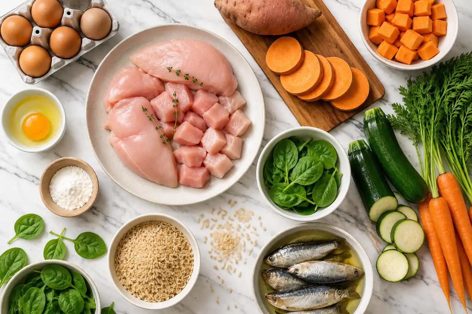 Fresh dog-safe ingredients: chicken, eggs, sweet potato, carrots, spinach, sardines, brown rice