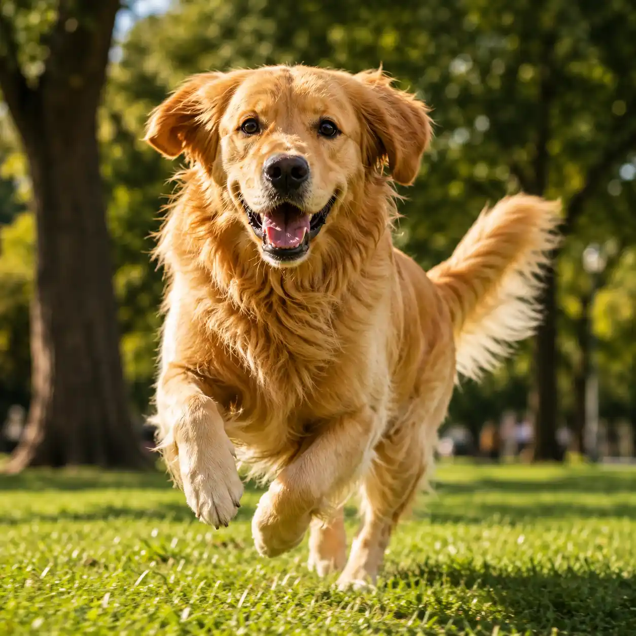 Golden retriever running energetically in park