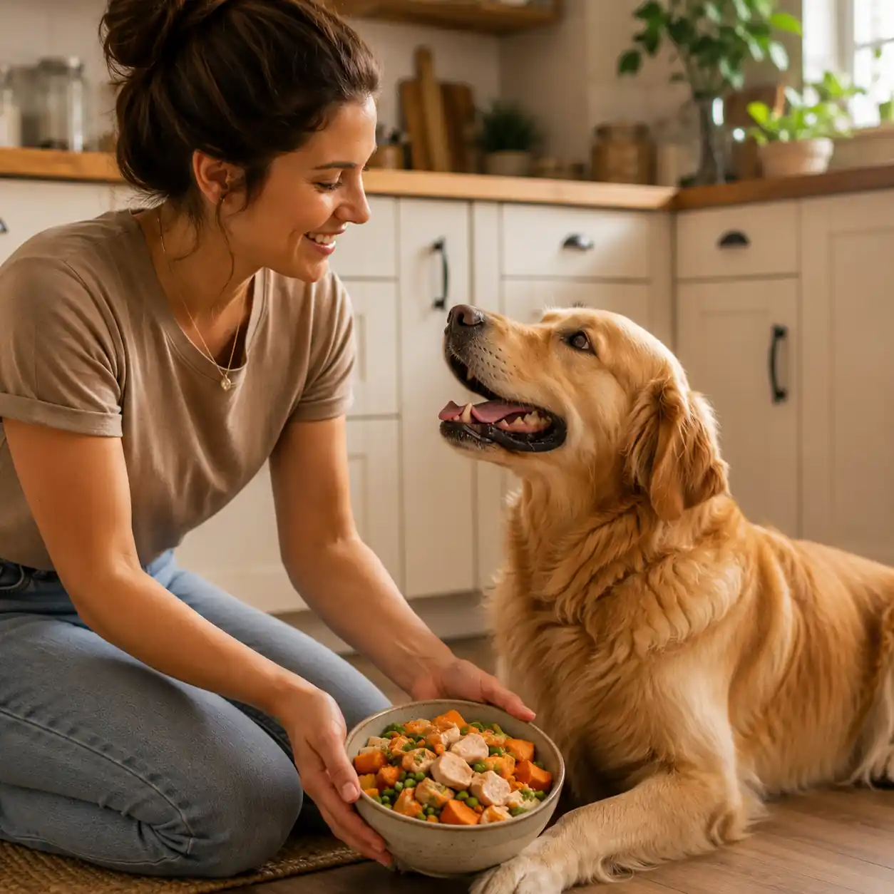 Woman smiling and serving homemade food to her golden retriever