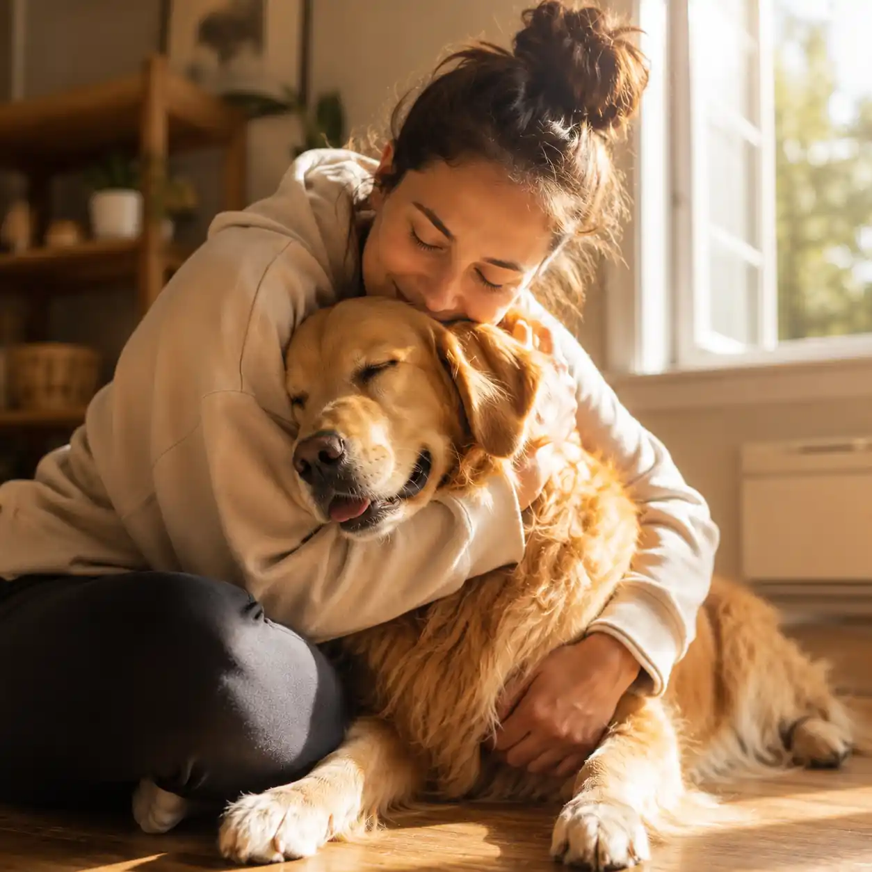 Person hugging their dog in warm sunlight, eyes closed