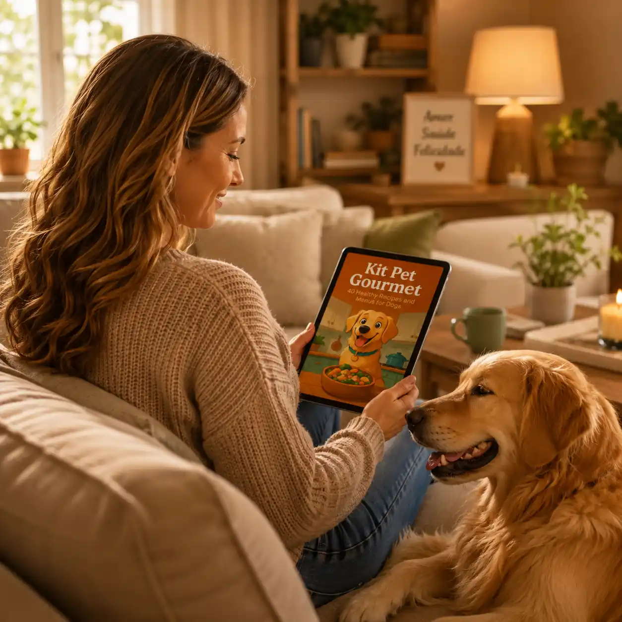 Woman reading Kit Pet Gourmet on tablet, dog relaxed beside her
