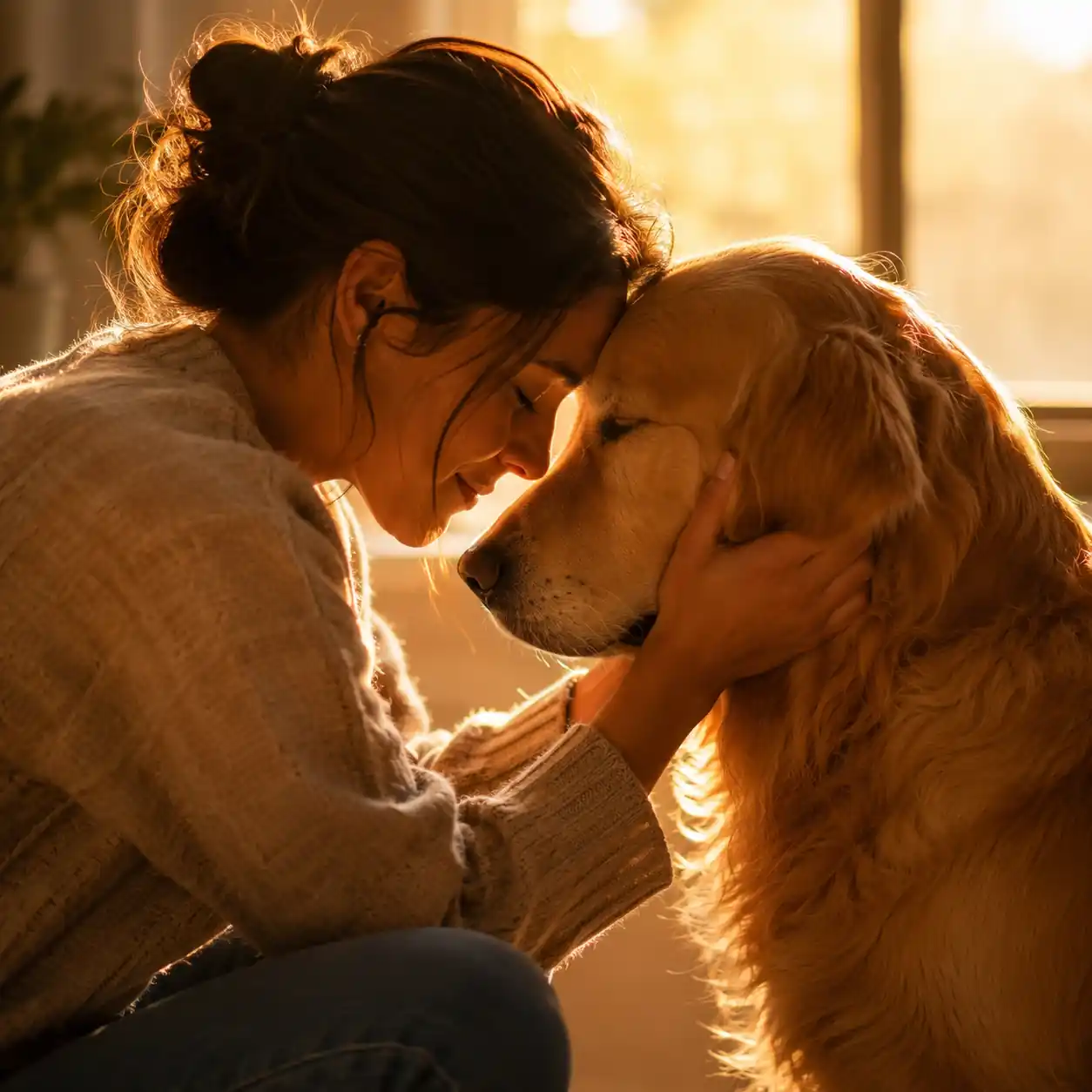 Person and golden retriever nose-to-nose in warm golden light — pure love